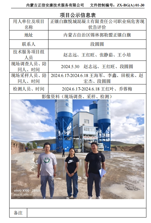 正鑲白旗悅城混凝土有限責(zé)任公司職業(yè)病危害現(xiàn) 狀告評價